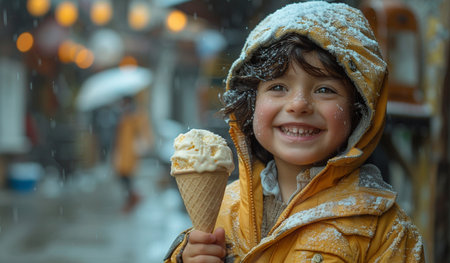 Little boy with ice cream on the street in winter. Selective focus.の素材