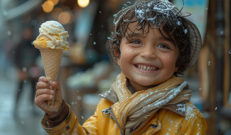 Cute little boy with ice cream cone at christmas market.の素材