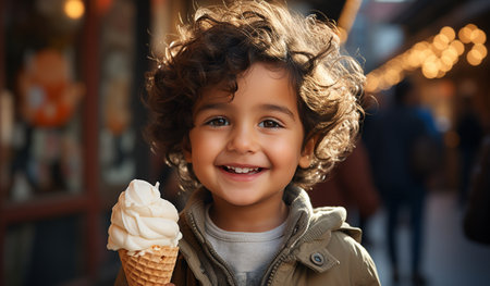 Close up portrait of cute little boy eating ice cream in the streetの素材