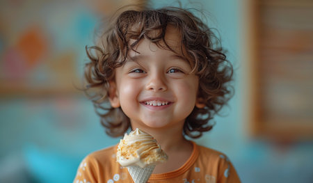 Cute little boy eating ice cream in the room, close upの素材