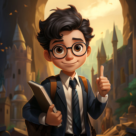 3D illustration of a boy with a book in his hand and a castle in the backgroundの素材