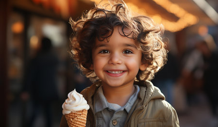 Close-up portrait of a cute little boy with curly hair eating ice creamの素材