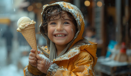 Portrait of a cute little boy in a yellow raincoat and scarf with ice cream on the street.の素材