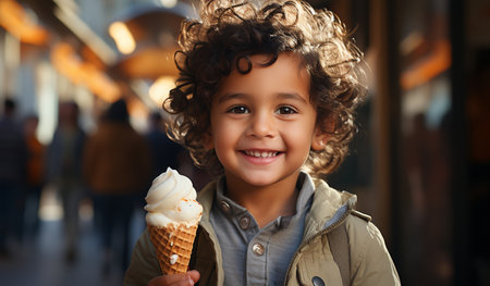 Cute little boy with ice cream in a waffle cone.の素材
