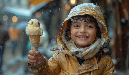 Cute little boy eating ice cream on the street in winter.の素材