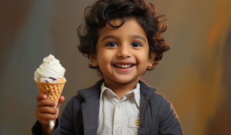 Cute little boy with ice cream on color background, closeupの素材