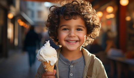 Portrait of a cute little boy eating ice cream in the streetの素材