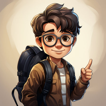Portrait of a boy with backpack and thumbs up. Vector illustration.の素材