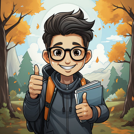 Vector illustration of Cartoon boy with backpack and books in the autumn forestの素材