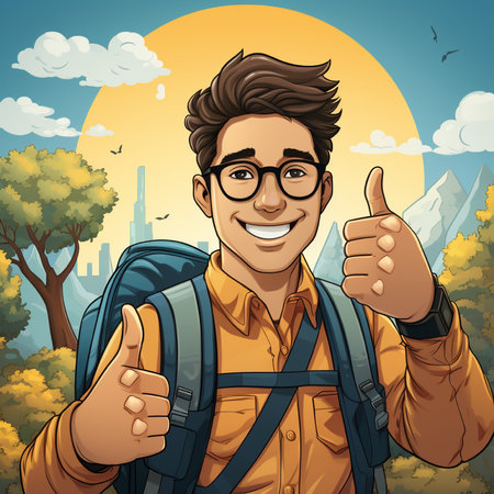 Handsome young man with backpack and thumbs up. Vector illustration.の素材
