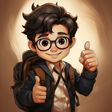 Cute cartoon boy with backpack and thumbs up. Vector illustration.の素材