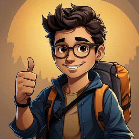 Vector illustration of a young man with a backpack showing thumbs up.の素材