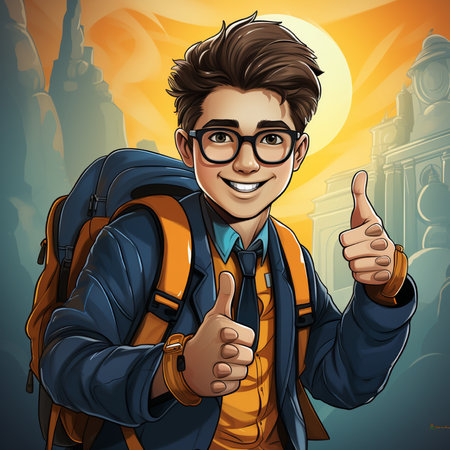 Vector illustration of a young man with a backpack and thumbs up.の素材