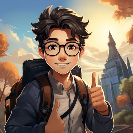 Handsome young man with a backpack and thumbs up. Vector illustration.の素材