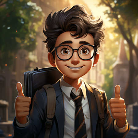 Cute boy with backpack showing thumbs up in the city. 3D illustration.の素材