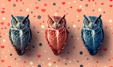 Three beautiful owls on a background of hearts. Vector illustration.の素材