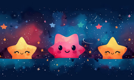 Cute cartoon stars in the night sky. Vector illustration for children's design.の素材
