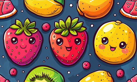 Seamless pattern with kawaii fruits. Vector illustration.の素材