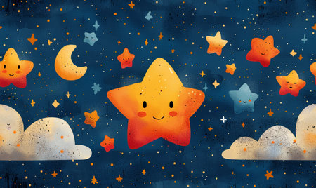 Cute cartoon star on the night sky with clouds and stars.の素材