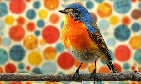 Colorful bird on the background of a patterned wall with circlesの素材