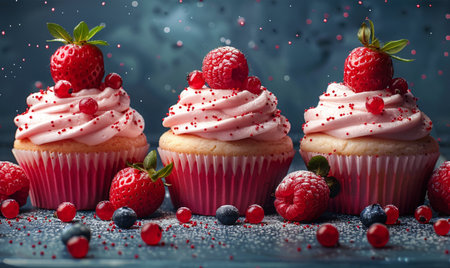 Cupcakes with raspberries and blueberries on blue backgroundの素材