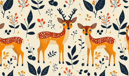 Seamless pattern with cute deer and leaves. Vector illustration.の素材