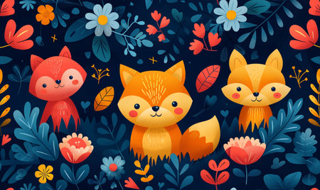 Seamless pattern with cute foxes and flowers. Vector illustration.の素材