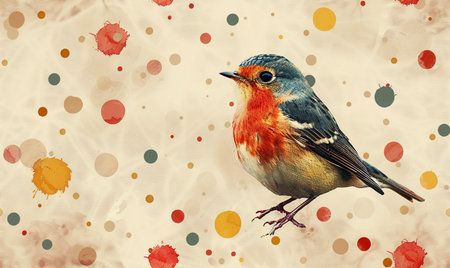 Red-flanked robin on grunge background with colorful dotsの素材