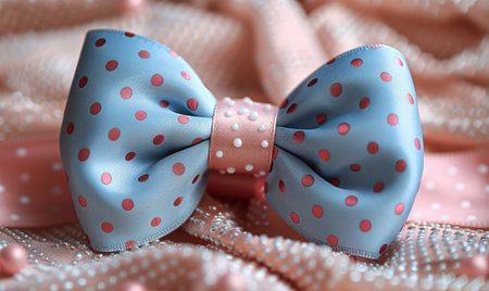 Blue bow tie with polka dots on pink fabric. 3d illustrationの素材