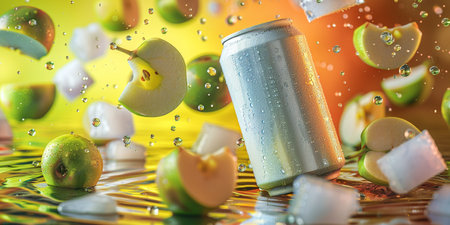 Aluminum can with green apples and splashes of water on yellow backgroundの素材