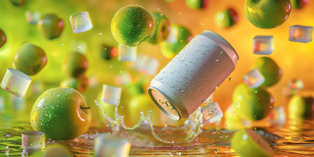 3d illustration of a soda can falling into water with flying applesの素材