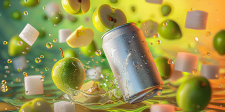 Falling apples and ice cubes into a can of soda. 3d illustrationの素材