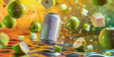 3d illustration of soda can with green apples falling into the waterの素材