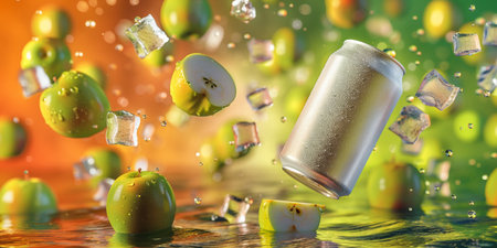 Cans of soda with flying fruits and ice cubes. 3d illustrationの素材