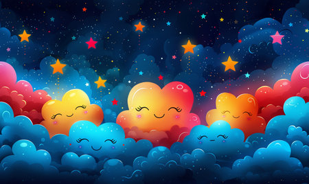 Illustration of a cute cartoon kawaii clouds in the night skyの素材