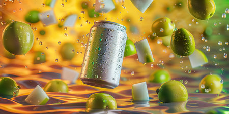 Cans of soda drink with ice cubes and green apples. 3d illustrationの素材