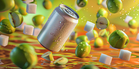 Aluminum can with flying green apples and sugar cubes, 3d renderingの素材