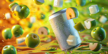 Falling green apples and a soda can. 3D illustration.の素材
