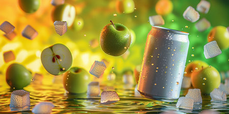 Falling apples and can of apple juice. 3D illustration.の素材