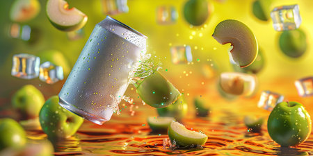 Aluminum can with flying apples and ice cubes. 3d renderingの素材