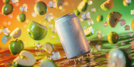 Falling green olives into a soda can. 3d renderingの素材