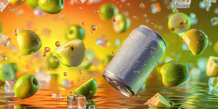 Aluminum can with falling green olives and ice cubes. 3d illustrationの素材