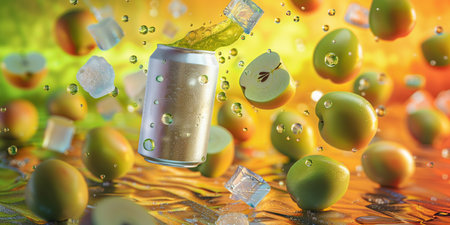 Green olives falling into soda can with ice cubes. 3d illustrationの素材