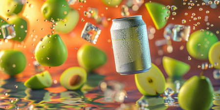 Water drops falling on a soda can and green apples. 3d renderingの素材