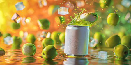 Falling green apples into a can of juice with splashes.の素材