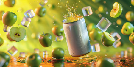 Green apple juice splashing out of a can. 3d renderingの素材