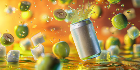 Falling green apples into a soda can. 3D illustration.の素材