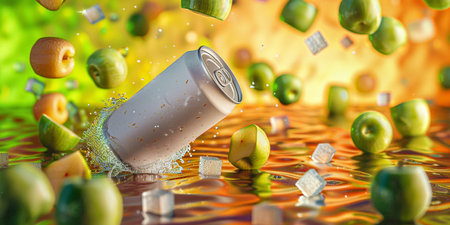 Aluminum can of apple juice with falling apples. 3d renderingの素材