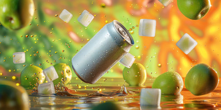 3d illustration of a soda can falling into the water with a splash of juice.の素材