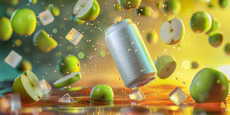 Green apple falling into soda can with splashes of water. 3d illustrationの素材